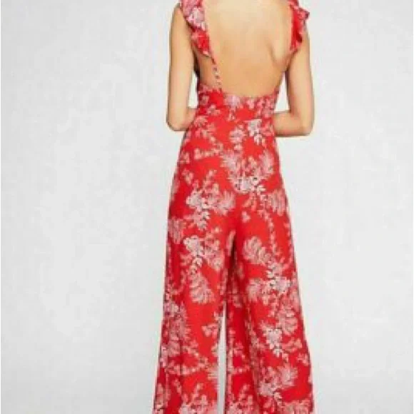 Free People Red and White Floral Jumpsuit with Plunging V-Neckline - Picture 4 of 10
